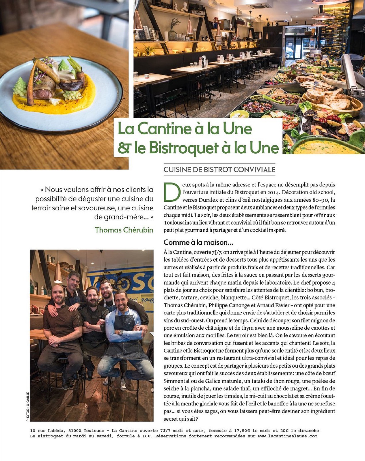 Article de presse — La Cantine à la Une et le Bistroquet à la Une